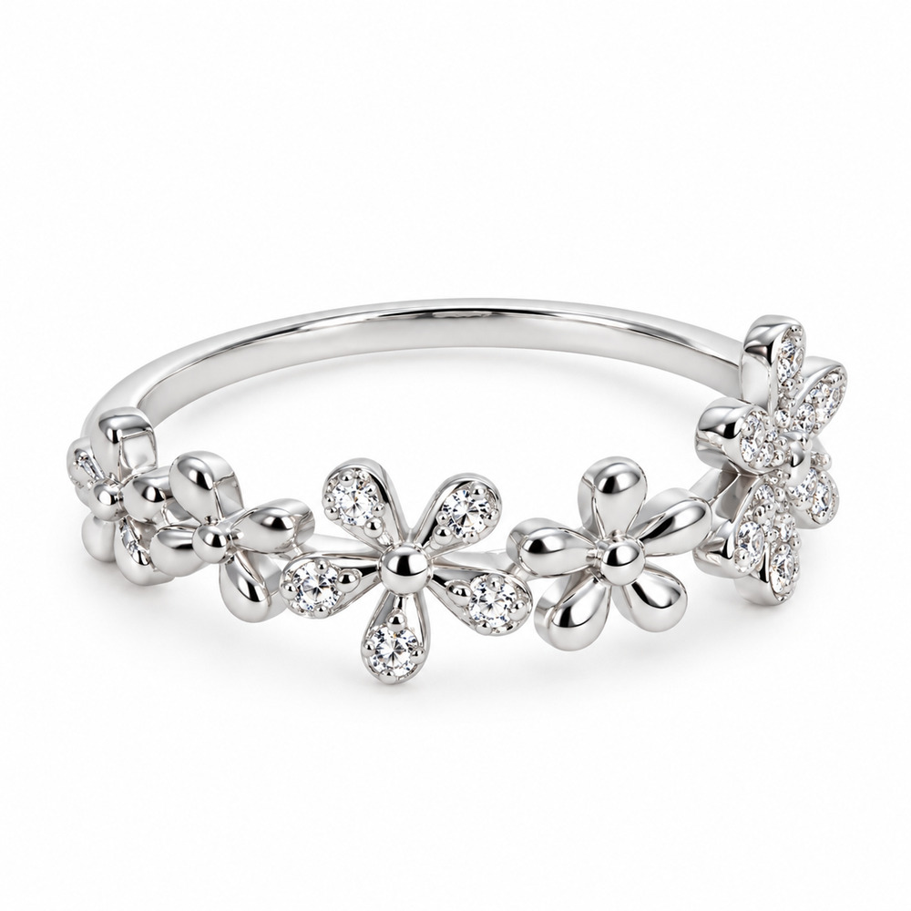 925 Sterling Silver Daisy Flower Cubic Zirconia Band Ring – Size 7